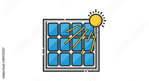 solar panel icon with shining sun and sunbeams on blue photovoltaic cells flat vector illustration for clean energy and renewable power