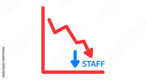 staff reduction chart with red downward trend arrow blue staff icon and copy space illustrating layoffs downsizing and job loss
