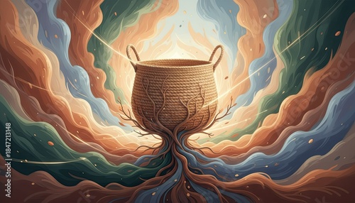 Woven Basket Growing From Tree Roots Amidst Swirling Colorful Cosmic Clouds With Golden Light Rays