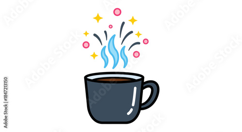 steaming cup of coffee with colorful magic sparkles rising in minimal flat style illustration perfect for cafe branding and social media
