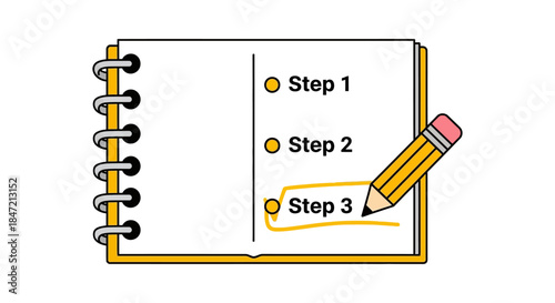 step by step checklist with pencil highlighting third item on spiral notebook page simple flat vector illustration for planning concepts