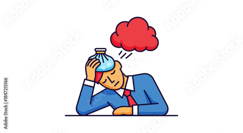 stressed office worker with headache holding ice pack to head at desk red pain cloud symbolizing migraine burnout and work stress