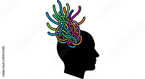 tangled thoughts concept illustration of human head silhouette with colorful chaotic lines symbolizing anxiety stress and mental health awareness