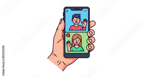 video call on smartphone with friends waving flat illustration of online meeting and virtual communication concept for remote connection