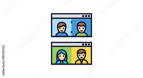 video conference call flat icon showing diverse coworkers in online meeting windows concept for remote work webinar and virtual team