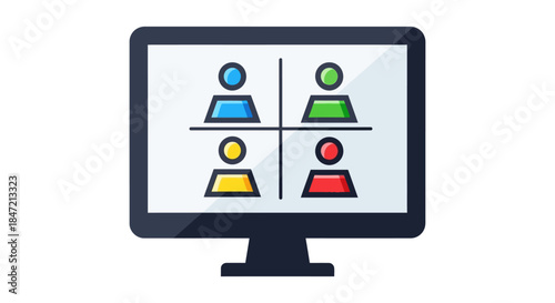 video conference call interface with four diverse user avatars on computer monitor screen online meeting and remote teamwork concept