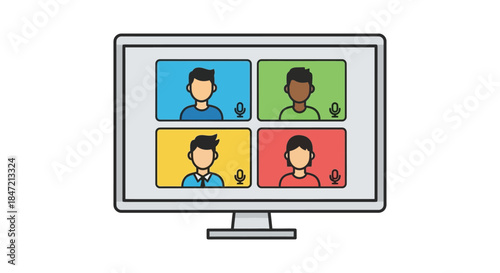 video conference call with diverse colleagues on computer screen flat vector illustration of remote work team meeting for webinar design