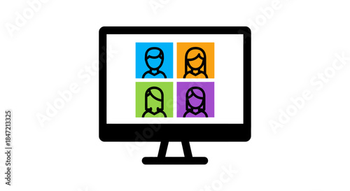 video conference call with diverse team avatars on computer monitor flat vector illustration for remote work online meeting and webinar