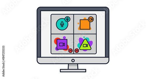 video conference interface on desktop monitor with colorful user icons and call controls illustrating remote teamwork and webinars