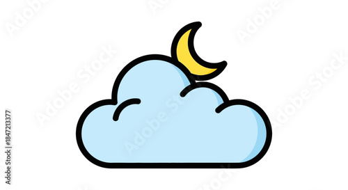 weather icon of crescent moon behind cloud in night sky minimal flat illustration for forecast app ui bedtime blog or sleep aid design