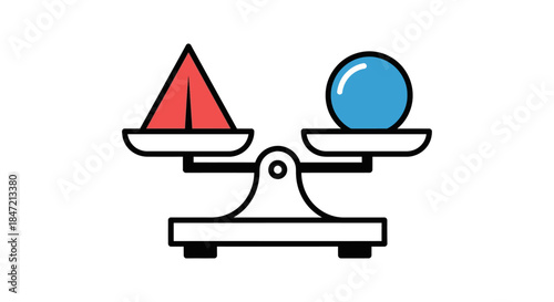 weighing scale with geometric shapes red triangle and blue sphere on balance pans minimal flat icon illustrating comparison and decision