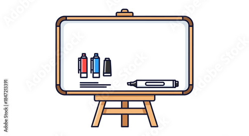 whiteboard on wooden easel with colorful markers and pen illustration isolated on white ideal for education teaching and training