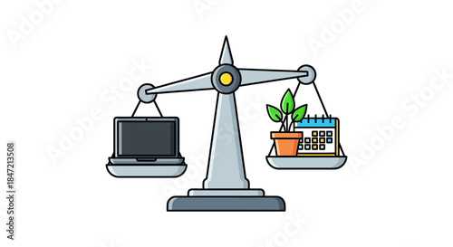 work life balance concept with laptop plant and calendar on scale flat vector illustration for wellness productivity and time management