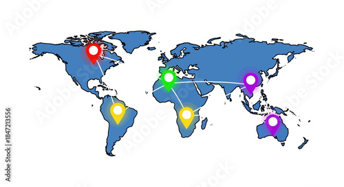 world map with colorful location pins and connected routes highlighting global logistics network travel planning and international business