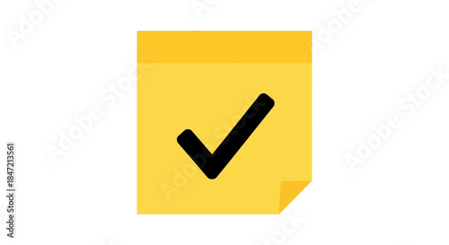 yellow sticky note icon with bold black check mark symbol on white background simple checklist graphic for tasks approval reminders