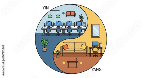 yin yang concept of work life balance with open plan office workspace and cozy home office living room for wellness and productivity