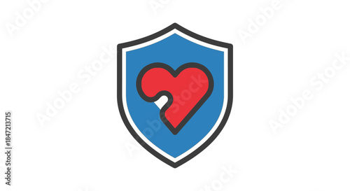 heart security shield icon with red abstract heart shape on blue badge symbolizing health insurance safety protection and trust