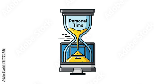 personal time hourglass with sand falling into computer screen concept illustration of work life balance time management and burnout