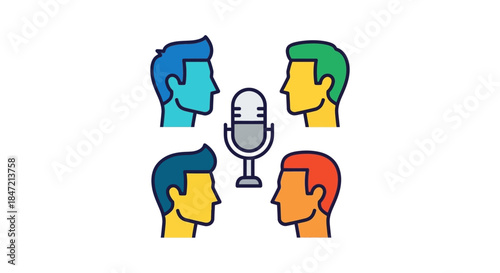 podcast roundtable discussion concept with four diverse speakers around studio microphone icon for audio chat interview webinar