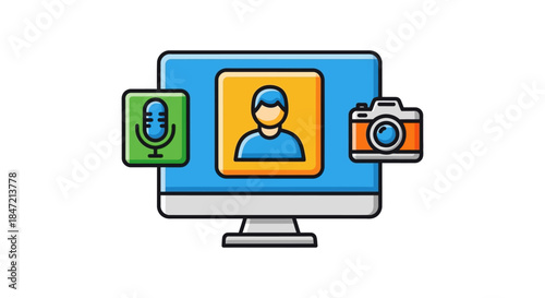 video conference profile on computer monitor with microphone and camera icons flat vector illustration for online meeting apps