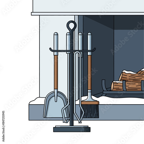 Collection of Gardening Tools and Firewood Stored Near Modern Fireplace Interior