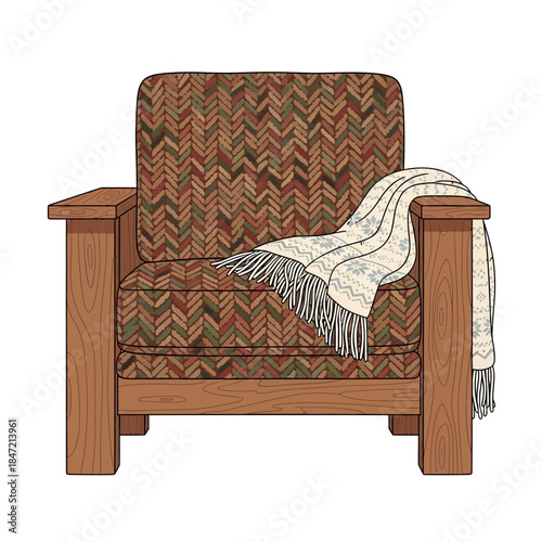 Cozy armchair with wooden accents and a soft throw blanket for relaxing indoor comfort