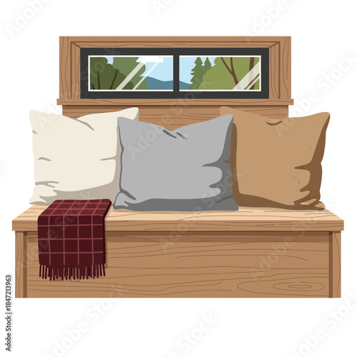 Cozy bedroom decor with pillows and a window view behind a wooden bench