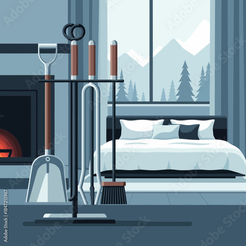 Cozy bedroom interior with fireplace and cleaning tools in modern mountain home