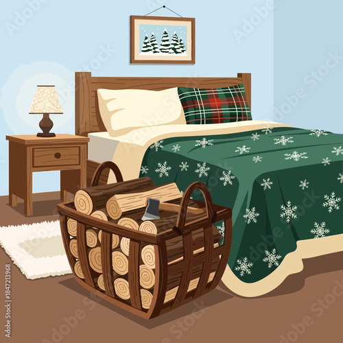 Cozy Bedroom Decor with Christmas Theme and Wooden Baby Bassinet for a Festive Atmosphere