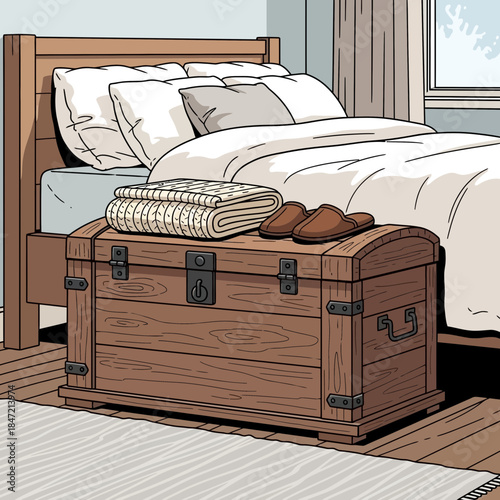 Cozy bedroom scene with a neatly made bed, wooden storage chest, and window light