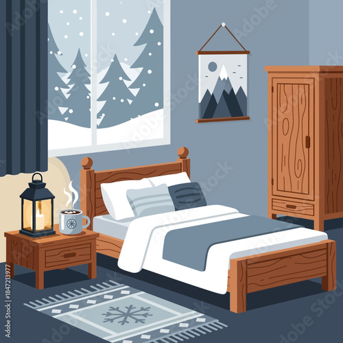 Cozy bedroom scene with a snowy winter view through the window and warm interior decor