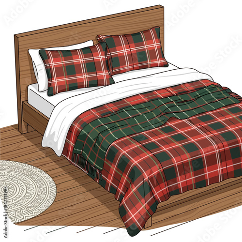 Cozy bedroom with festive tartan bedding set including pillows and blanket in warm holiday colors