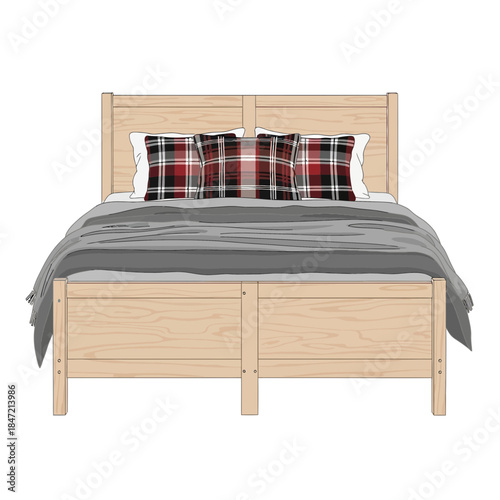 Cozy bedroom with wooden bed frame, plaid pillows, and layered bedding setup for restful sleep