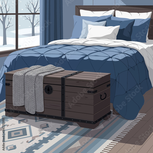 Cozy bedroom with wooden storage bench at the foot of a plush bed overlooking a snowy landscape