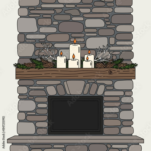 Cozy fireplace with lit candles and decorative branches against stone wall