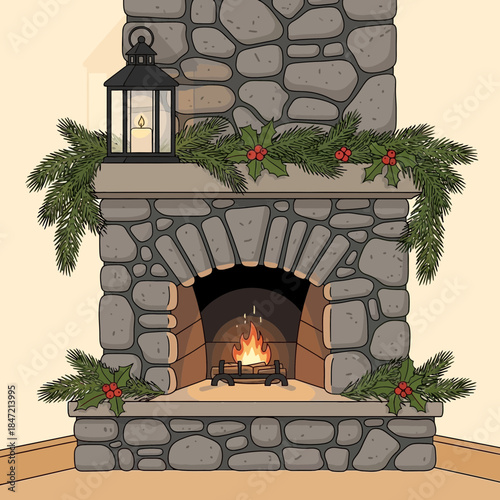 Cozy Christmas Fireplace with Greenery and Lantern Decoration in Warm Home Setting