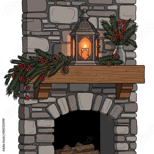 Cozy holiday fireplace with festive decorations and candlelit lanterns on a stone mantel