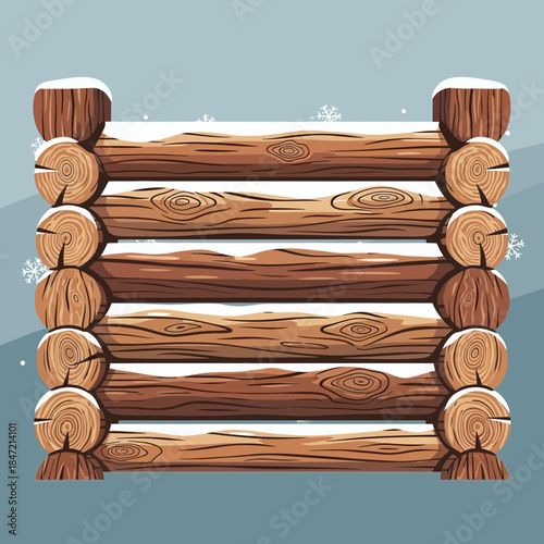 Illustration of a rustic wooden log fence with detailed logs and snow accents