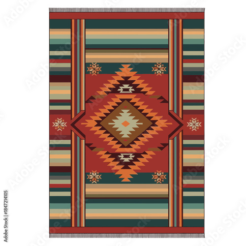 Intricate southwestern patterned area rug with geometric designs and bold colors