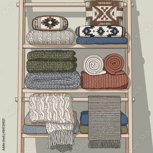 Organized wooden shelf unit filled with neatly folded and rolled cozy towels and blankets in a