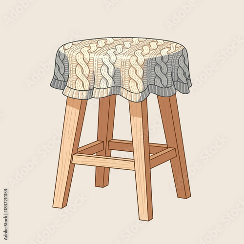 Stylish wooden stool with decorative fabric-covered seat for home decor and interior design