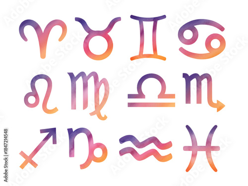 Watercolor Zodiac Symbols Set in Vibrant Gradient Colors