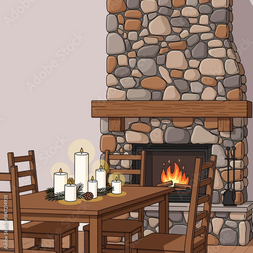 Cozy indoor fireplace scene with wooden furniture and candlelit decor creating a warm inviting