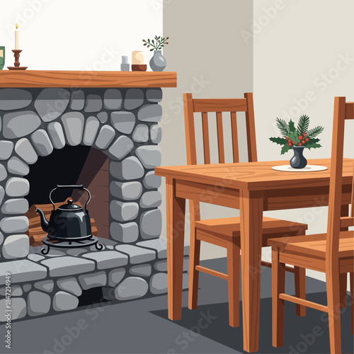 Cozy interior scene with wooden dining table and stone fireplace decorated with plants and candles