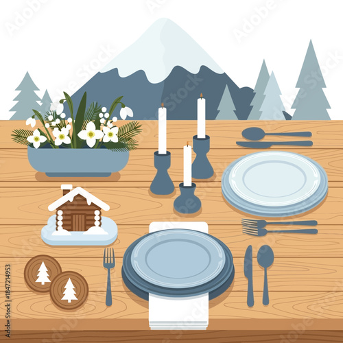 Cozy mountain cabin dining setup with rustic wooden table and outdoor nature scenery