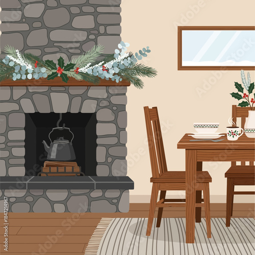 Cozy rustic interior featuring a stone fireplace with festive decorations and a wooden dining