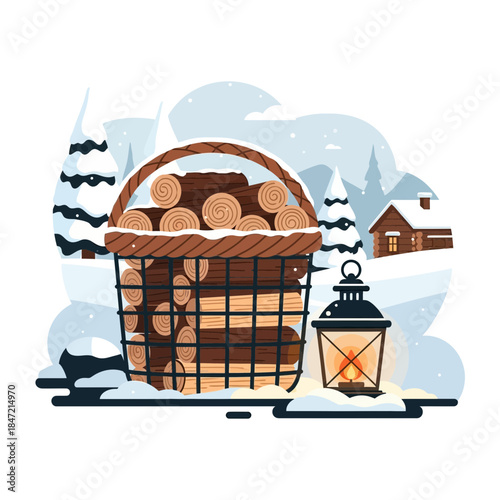 Cozy rustic winter scene with firewood basket lantern snow-covered landscape