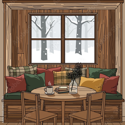 Cozy rustic living room interior with wooden walls and a large window overlooking snow-covered trees