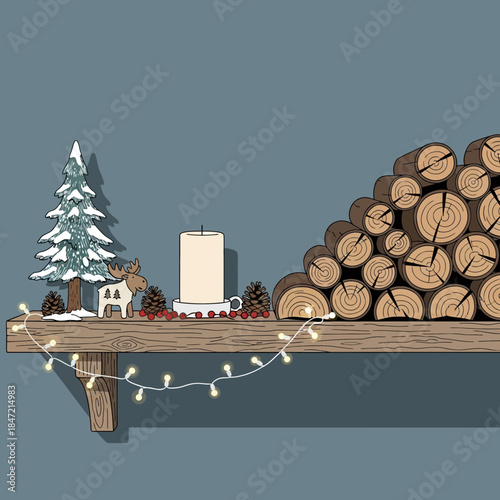 cozy winter holiday scene with decorated pine tree candles and neatly stacked firewood for warmth