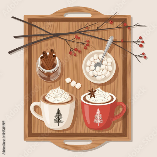 Cozy winter scene with hot chocolate, marshmallows, cinnamon sticks, and festive decorations on a